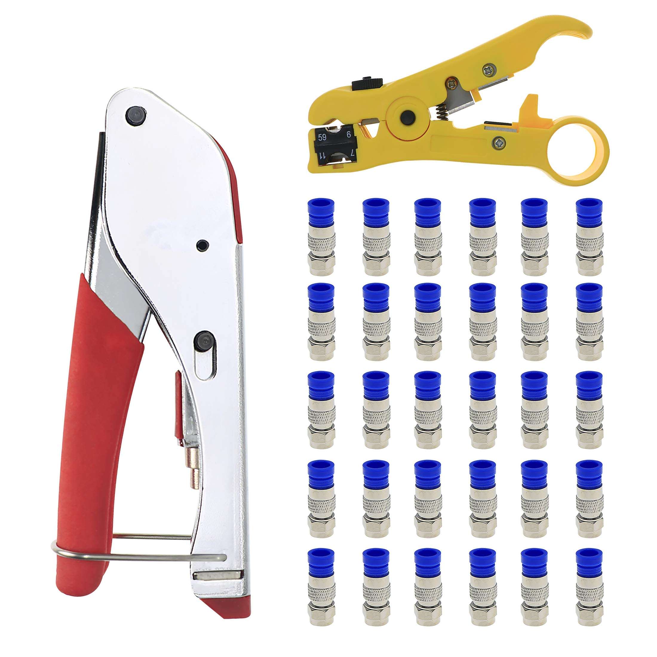 FOVLWYT Coax Cable Crimper Kit Coaxial Cable Compression Tool Kit with 30PCS F RG6 Compression Connectors, Wire Coax Cable Stripper Tool