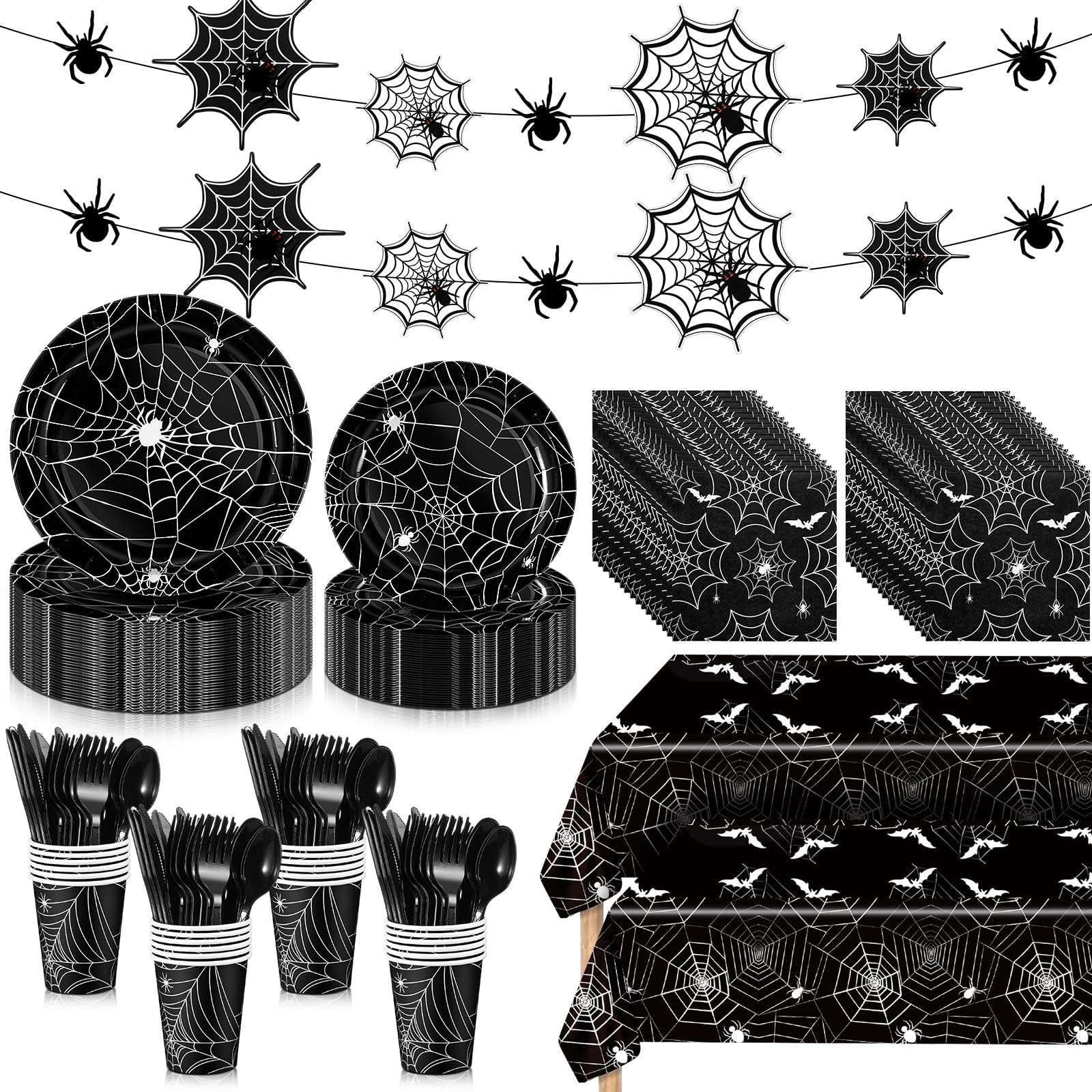 Mimorou 214 Pieces Halloween Party Tableware Set Spider Web Plates Cups Table covers Banner Party Decorations for Birthdays Happy Halloween Eve Decor Themed Cocktail Party Home Decoration