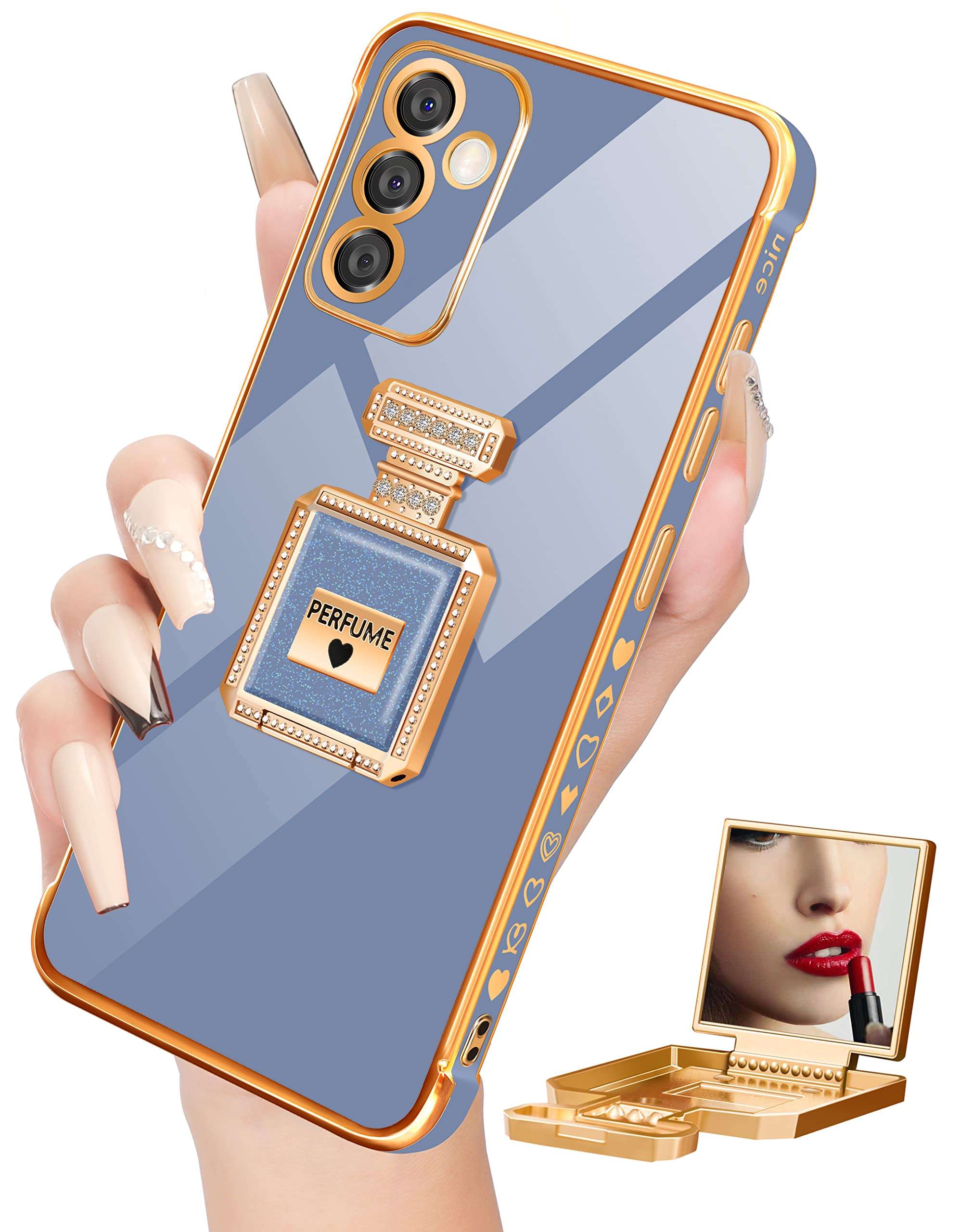 Buleens for Galaxy A13 5G Case with Metal Perfume Bottle Mirror Stand, Cute Women Girly Heart Cases for Samsung Galaxy A13 5G Case, Elegant Luxury Phone Cover for Samsung A13 5G Case 6.5'' Dark Blue