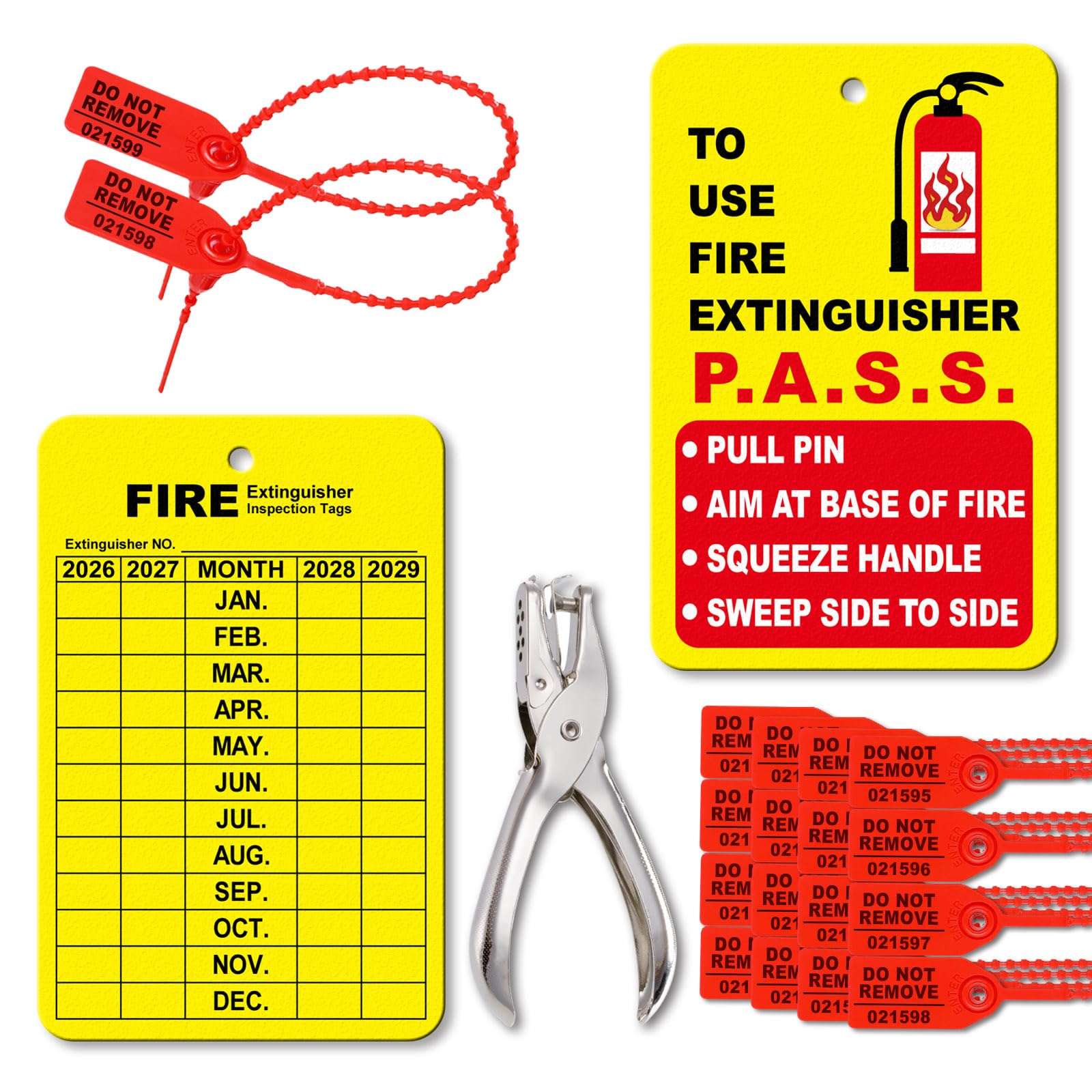 30 Sets Fire Extinguisher Tags Monthly Inspection Tear-Resistant Numbered Plastic Tamper-Evident Cable Ties Easy to Punch Includes Handheld Hole Puncher- Red