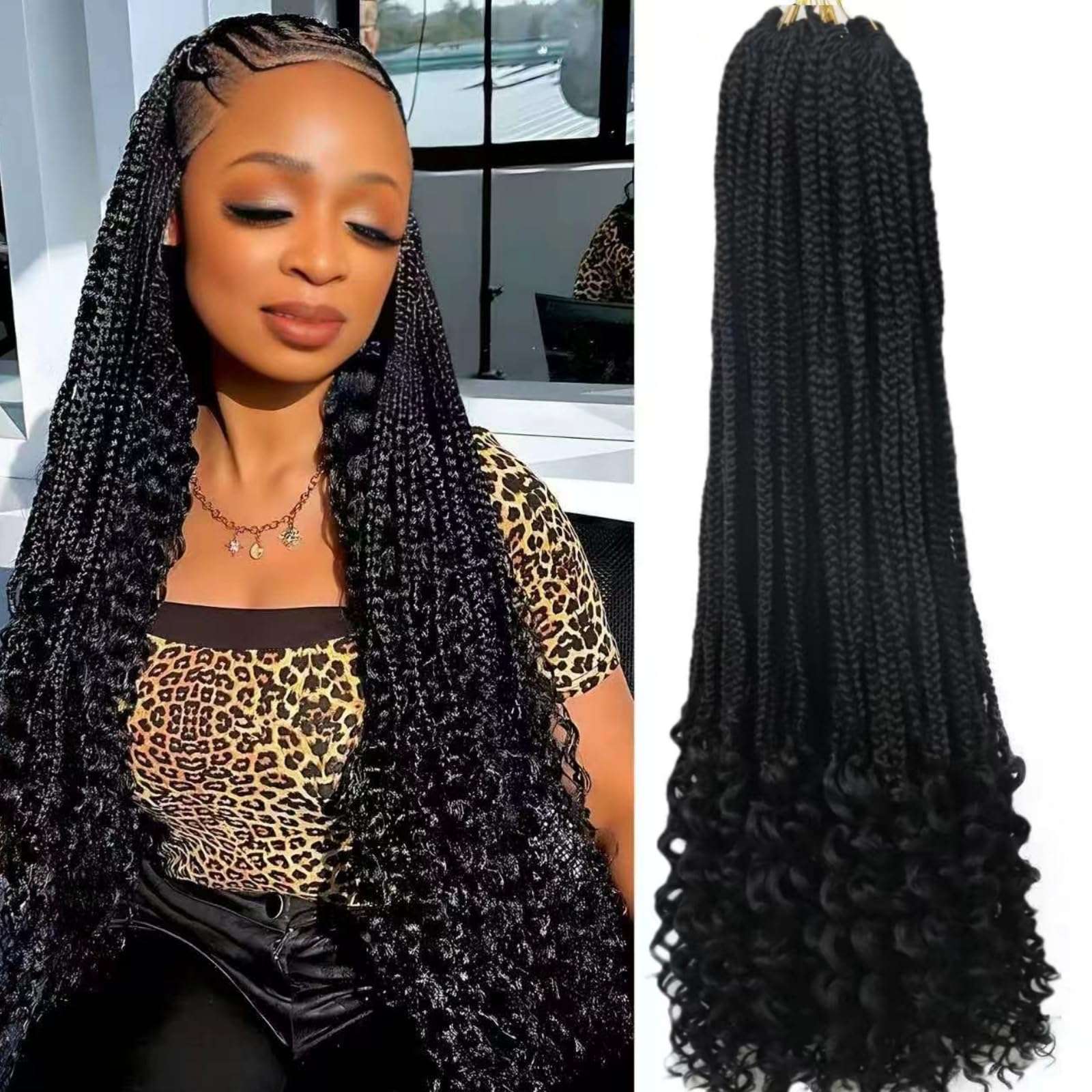 Goddess Box Braids Crochet Hair 30 Inch 8 Packs Crochet Bohemian Box Braids Pre Looped Crochet Hair Crochet Hairs with Curly Ends Braids Hair for Black Women Box Braids Crochet Hair Extension(1B)