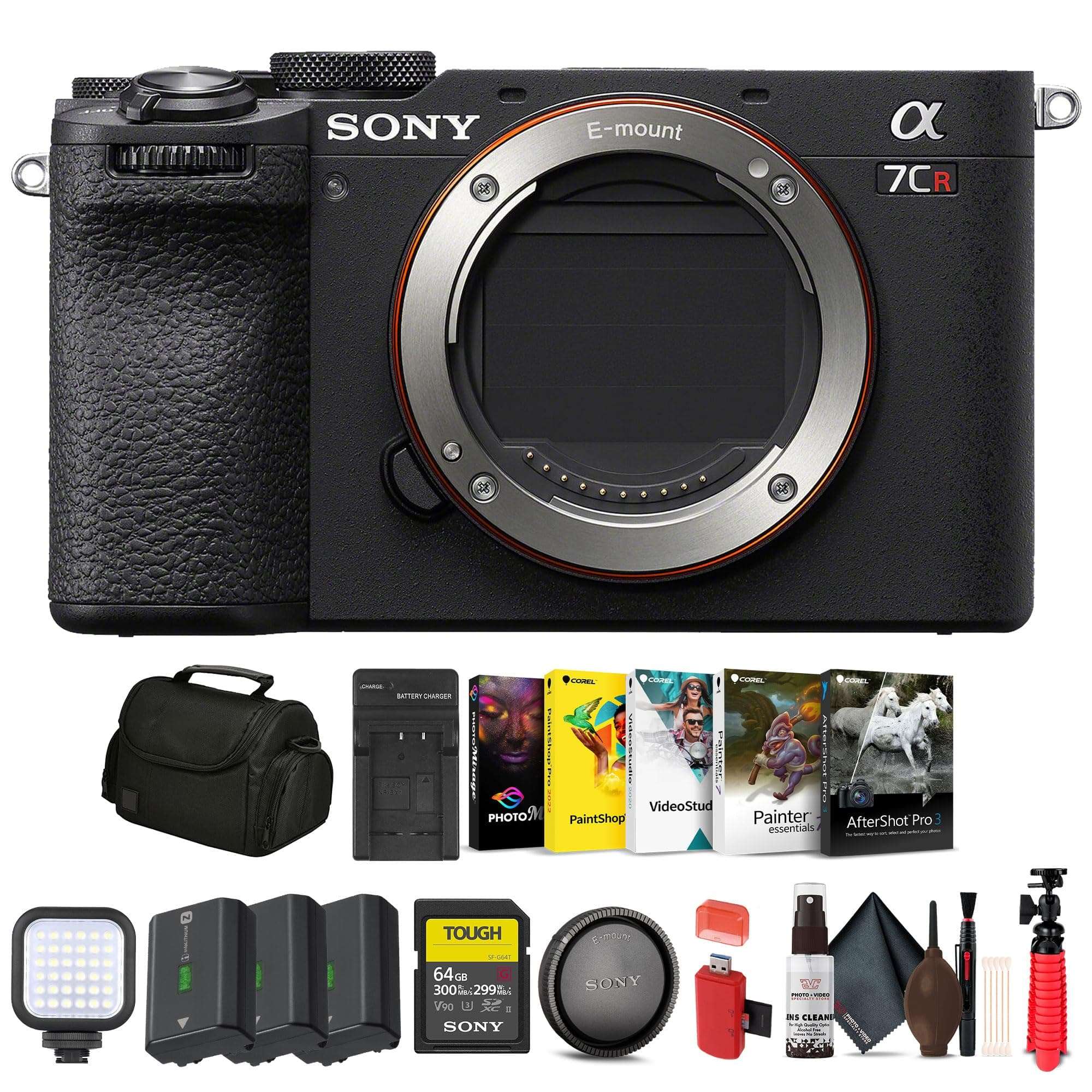 Sony Alpha 7CR Mirrorless Full-Frame Interchangeable Lens Hybrid Camera (ILCE-7CR/B) + 64GB SF-G Tough Card + Camera Bag + 2 x NP-FZ100 Compatible Battery + Corel Software + External Charger + More