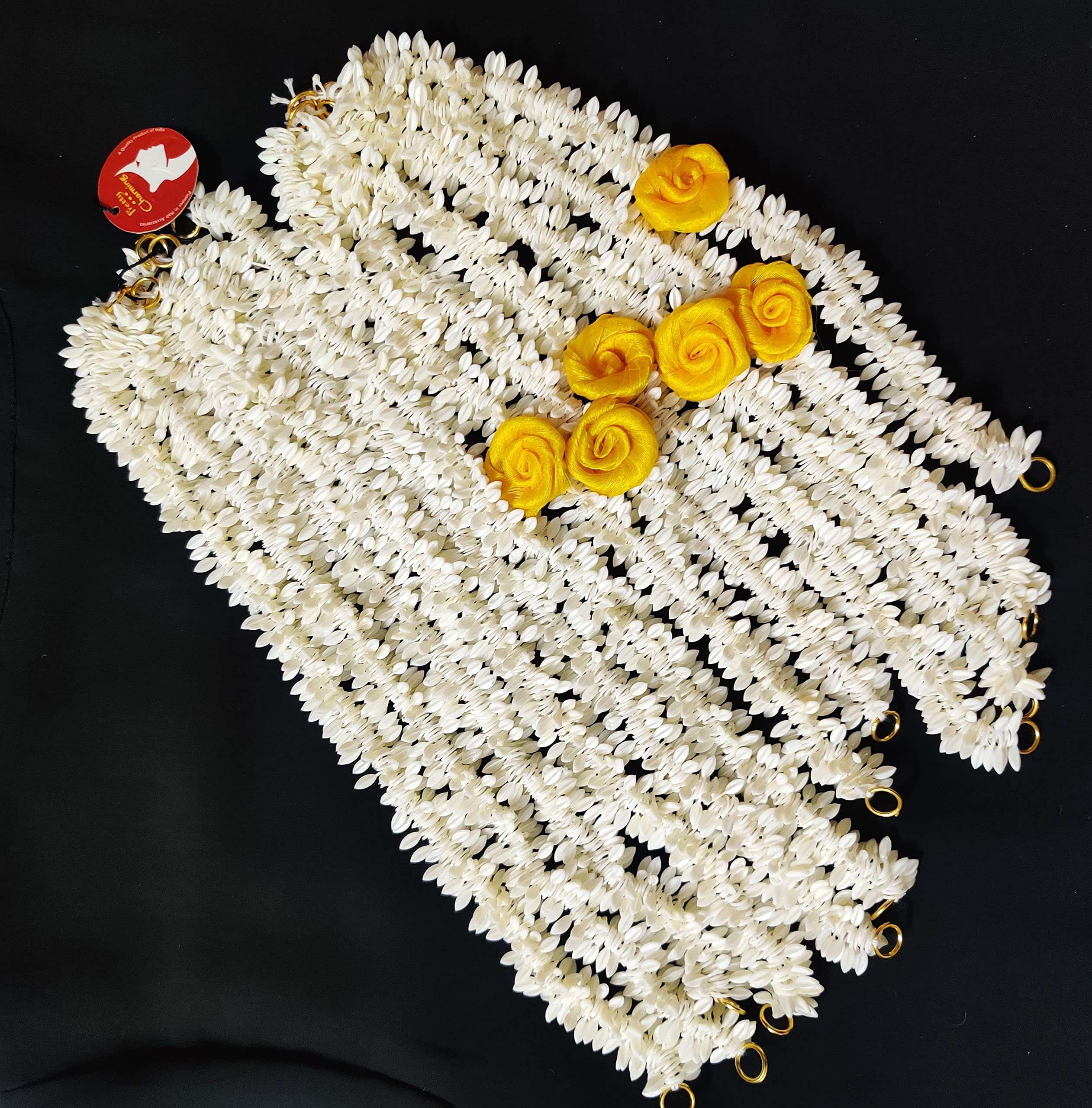 Pretty Charming Gajra/Jasmine Garland Mala with Real Jasmine fragrance for women, used as hair accessories set of 12, 6 yellow flower and 6 white, with a surprise freebie
