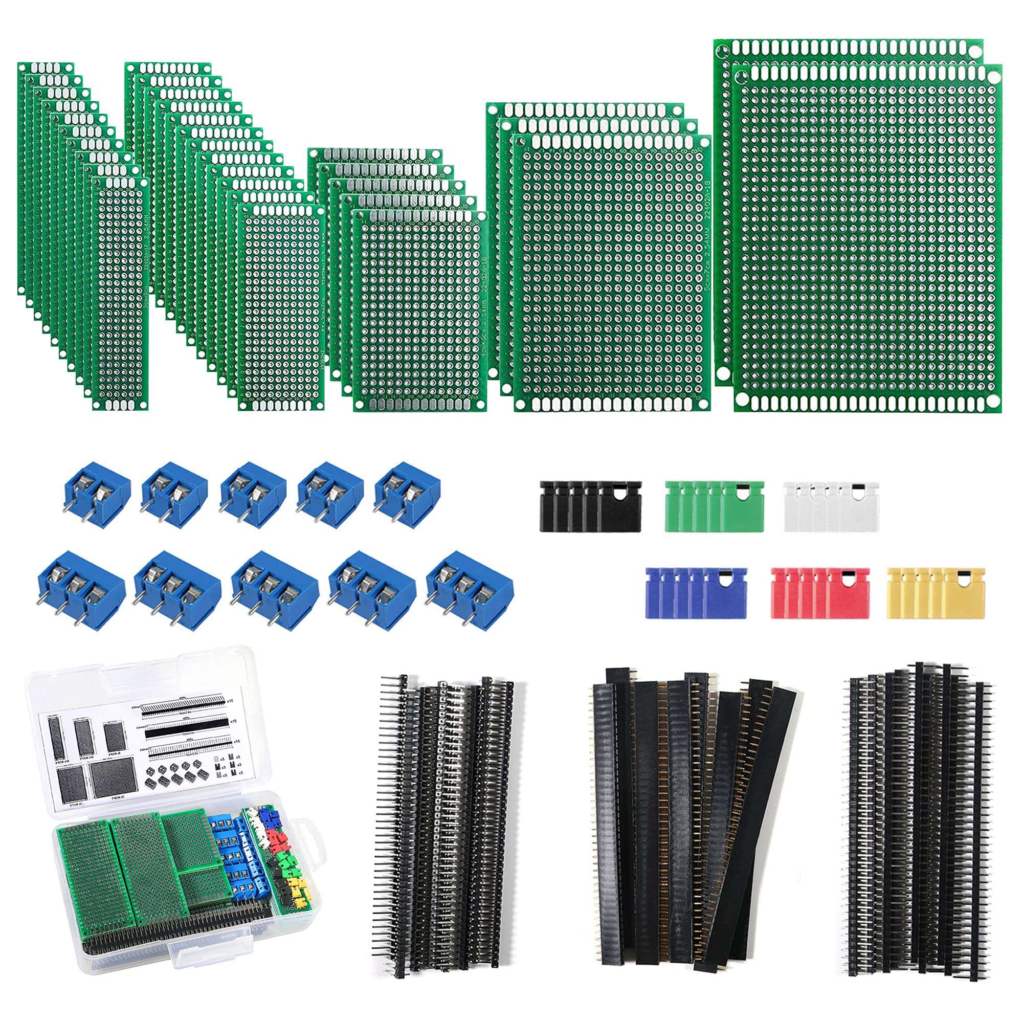 ALAMSCN 100PCS Double Sided PCB Board Kit Printed Circuit Prototype Boards 5 Sizes + 40 Pin 2.54mm Male Female Header Connector for DIY Electronic Project Experimental Development Plate