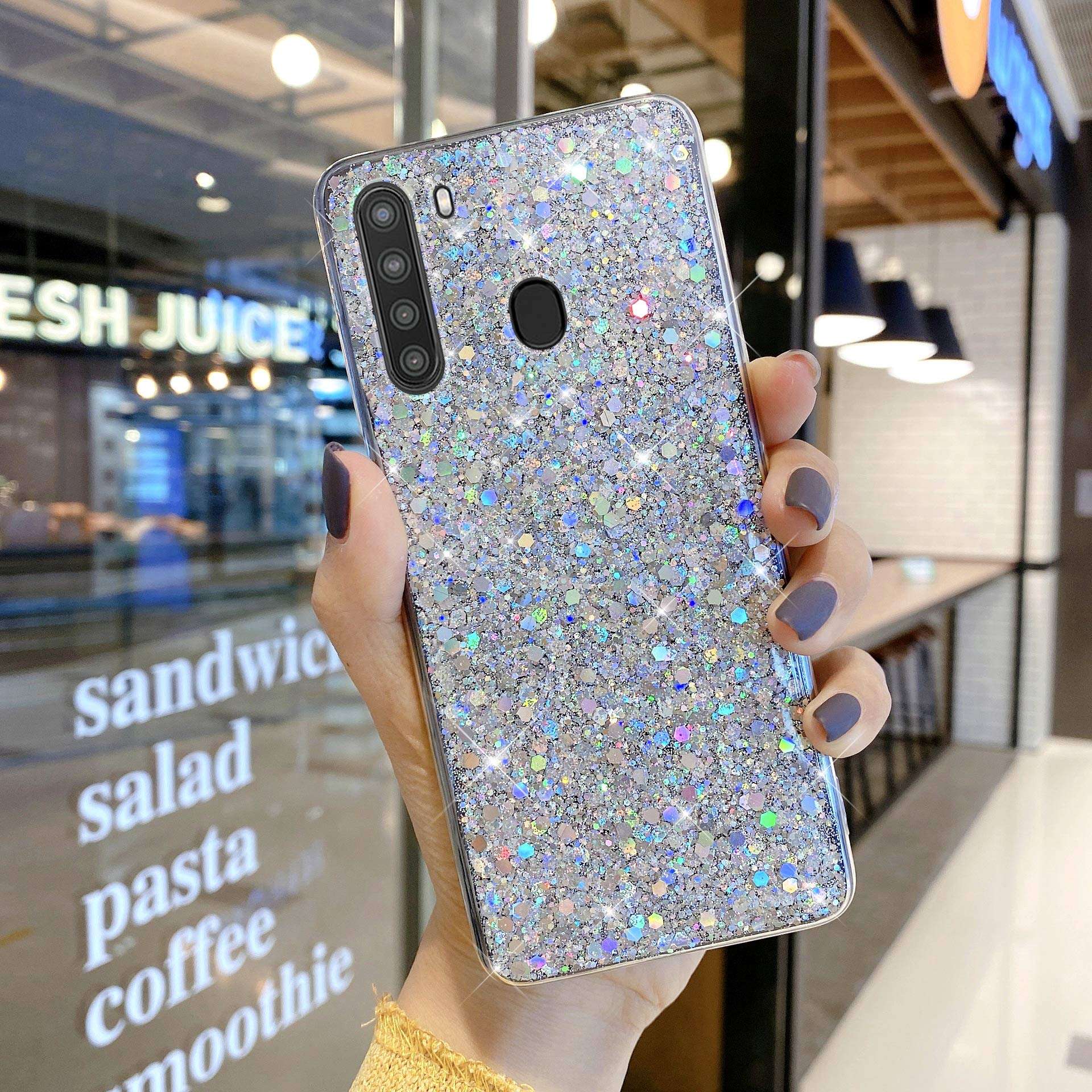 Case for Galaxy A21 Glitter Case,Girls Women Sparkle Twinkle Bling Crystal Glitter Soft Flexible TPU Silicone Rubber Gel Shell Shockproof Slim Fit Protective Phone Case Cover for Galaxy A21,Silver